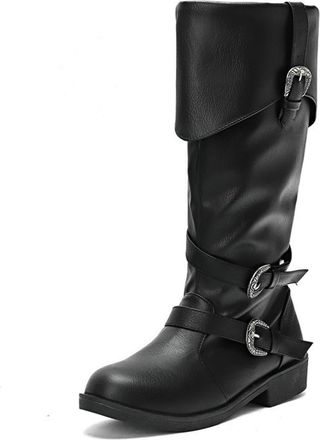Generic Womens Round Toe Mid-Calf Boots PU Leather Long Boots with Side Zipper Flat Heel Knight Boot with Buckle,Black,5.5 UK