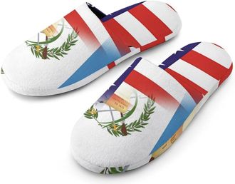 Generic Guatemala And U.S. Flag Flannel Mens Slip-on Slippers Winter Warm House Shoes with Rubber Sole for Home Hotel