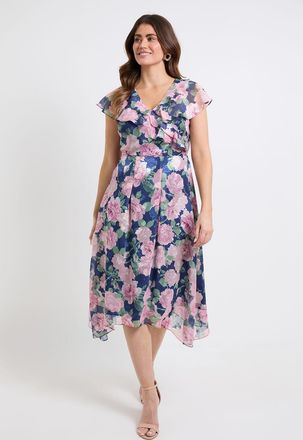 Wallis Womens Floral Burn Out Ruffle Midi Dress - Navy - Size 10 UK