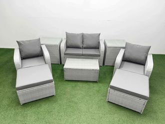 Fimous Light Grey PE Wicker Rattan Garden Furniture Set Sofa Set Reclining Adjustable Chair Rectangular Coffee Table 6 Seater 2 Big Stools 2 Side