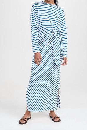 Apiece Apart Long Sleeve Vanilla Cinched Maxi Dress In Cobalt And Cream Stripe
