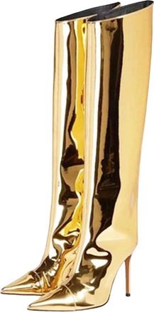 Generic Women High Heel Patent Leather Knee-High Boots Pointed Toe Reflective Design Boots