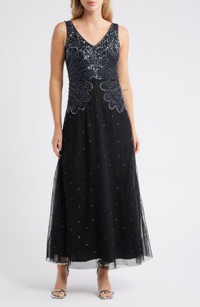 Pisarro Nights Beaded Sleeveless Chiffon Dress in Black at Nordstrom, Size 10