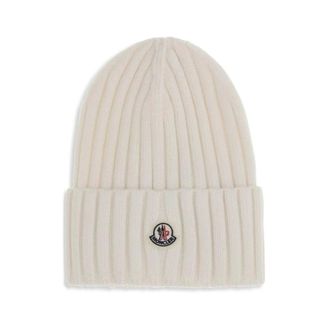 Moncler Accessoires, Dames, Beige, ONE Size, Wol, Geribbelde wollen muts met logopatch