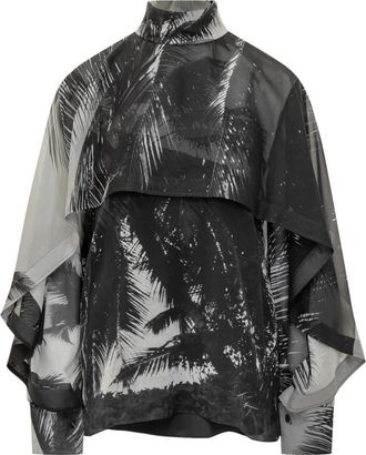 Ferragamo Palm-Print Silk Chiffon Cape Blouse - Dames - Blouses - Grijs - S - Chiffon - Overhemden
