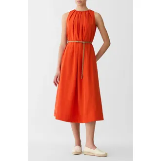 Lafayette 148 New York Belted Technical Taffeta Midi Dress in Orange Poppy at Nordstrom, Size X-Large