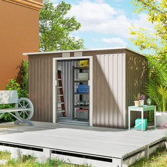 OUTSUNNY 9 x 4FT Metal Garden Storage Shed w/ 2 Door, Light Grey Wood Grain
