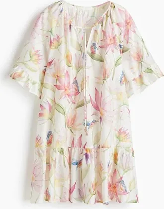 H&M Tie-detail Tunic Dress in Cream/floral at Nordstrom, Size Xx-Large