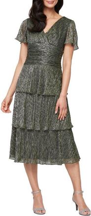 S.L. Fashions Metallic Surplice Neck Dress in Emerald Green at Nordstrom, Size 14