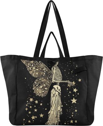 Generic Skeleton Stars Golden pattern Reusable Canvas Tote Bag, Heavy Duty Grocery Shopping Bag with Double Handles Large Capacity Hard Bottom Work Groceries 