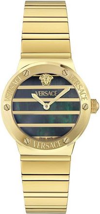 Versace Greca Logo Mother-of-Pearl Bracelet Watch, 33mm in Black/yellow-Gold at Nordstrom