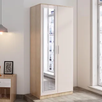 Elegant Lighting Bedroom Furniture Set, 2 Doors High Gloss Wardrobe with Mirror, Soft Close Hinge Mirrored Wardrobe Cabinet, with Hanging Rod and Storage Shelves