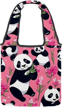 Generic Cute Panda on Pink Reversible Canvas Shoulder Tote - Double-Sided Print, 12oz Cotton, 27cm Drop, Fold-Flat Bag for Travel, Shopping, Street Outings