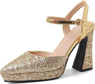 Generic Womens Pointed Toe Glitter Bridal Shoes Chunky High Heel Platform Pumps Ankle Strap Wedding Party Prom Sandals,Gold,6.5 UK