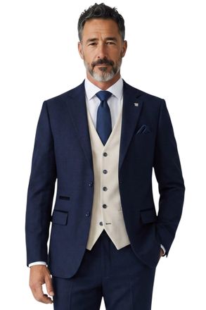 PAUL ANDREW Mens Check Navy Blazer Cream Waistcoat Wedding 3 Piece Suit - Regent