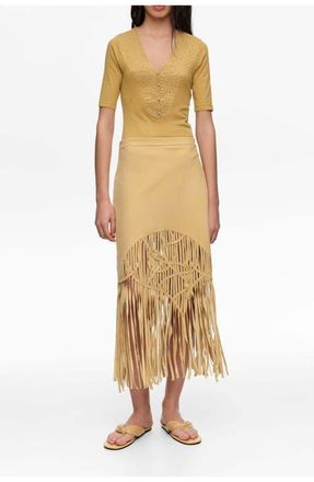 Bimba & Lola Suede Midi Skirt With Irregular Fringes in Mustard at Nordstrom, Size 38 Eu