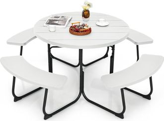 Costway Conjunto De Mesa De Camping Con Banco, 8 Personas, Mesa Camping Redonda Con 4 Bancos,hdpe, Orificio Para Sombrilla, Mesa Y Sillas Jardin Patio Terraza
