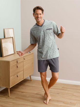 Comte Shorty COMTE, Herren, Gr. 44/46, salbei, anthrazit, bedruckt, 100% Baumwolle, Homewear-Sets Shorty