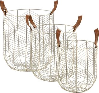 CosmoLiving by Cosmopolitan Silvertone Metal Glam Storage Basket with Faux Leather Handles - Set of 3 at Nordstrom Rack