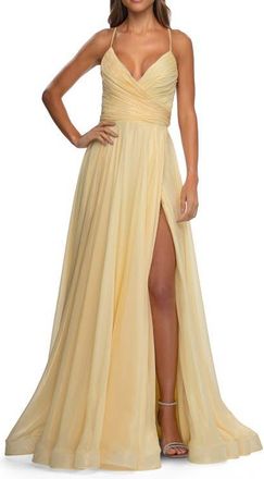 La Femme Metallic Chiffon Prom Dress with Flowing Skirt in Pale Yellow at Nordstrom, Size 00