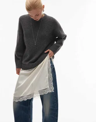 Asos Maglione grigio con fondo taglio lungo in tessuto misto con finiture in pizzo