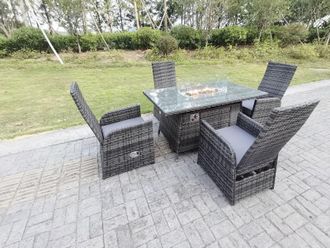 Fimous Rattan Garden Furniture Gas Fire Pit Rectangle Oblong Dining Table & Chairs 4 Seater in Dark Grey