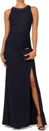 Adrianna Papell Glitter Boucle Stretch Gown In Navy