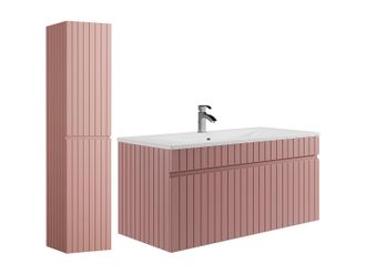 Vente-Unique Mueble de ba&ntilde;o suspendido estriado rosa con lavabo encastrado y columna - 100 cm - SATARA