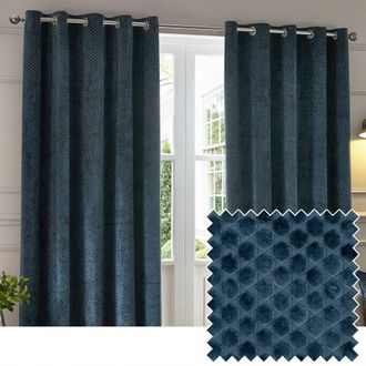 Riva Paoletti Neptune Fully Lined Velvet Eyelet Curtain Pair in Navy | Size: 229 cm width x 183 cm drop