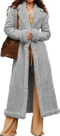 Generic Long Winter Coats for Women Faux Suede Leather Shearing Jacket Fuzzy Sherpa Lined Trench Coat Business Casual Overcoat (Grey,XL)