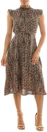 Nina Leonard Smocked Neck Tie Waist Midi Dress in Praline Multi at Nordstrom Rack, Size Large