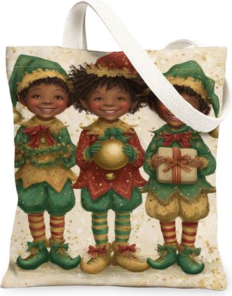 Generic Christmas Faerie Canvas Tote Bags, Holiday Cheer Plant Pattern Reusable Grocery Bags, Vintage Lightweight Washable Shoulder Strap Canvas for Gym Outdo