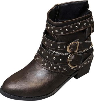 Generic Womens Ankle Boots Belt Buckle Biker Boot Low Heel Combat Boots with Chain Rivets PU Booties Ladies Mid-Calf Boot Side Zipper Chunky Heel Shoes Fall W