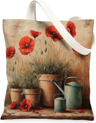 Generic Spring Farmhouse Poppy Canvas Tote Bag for Shopping 13x15, Rustic Vintage Floral Reusable Grocery Print Pattern Bag for Women, Country Flower Beach Ae