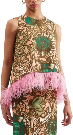 La DoubleJ La Scala Top With Feathers Anemone Pink Olive at Nordstrom, Size X-Small