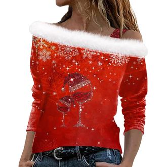 Generic Christmas Sweatshirt Womens Christmas Jumpers for Women UK Off Shoulder Christmas Jumper Ladies Wine Glass Sweatshirt