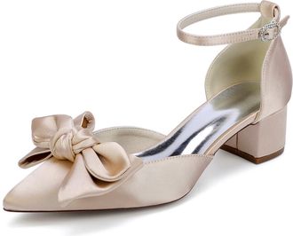 Generic Womens Low Block Heels Wedding Shoes Low Chunk Shoes Satin Bridal Pumps Prom Party Dress with Bow Pumps 4.5Cm,Champagne,10 UK