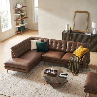 Castlery Brown Full Leather Left Chaise Sectional Sofa, Grid Tufted Cushion | Isaac by Castlery