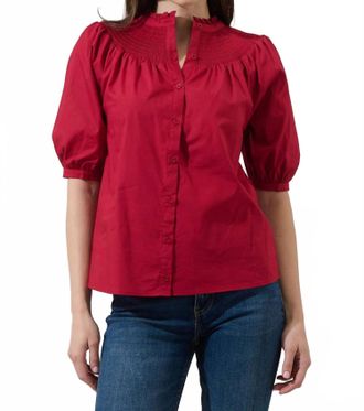 Sugarlips Narris Blossom Smocked Mock Neck Top In Burgundy