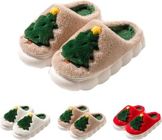 Generic Fluffy Slippers Women, Womens Festive Deer Design Cozy Indoor Slippers with Closed Toe and Flat Sole for Holiday Comfort ( 2-Khaki, 5.5)