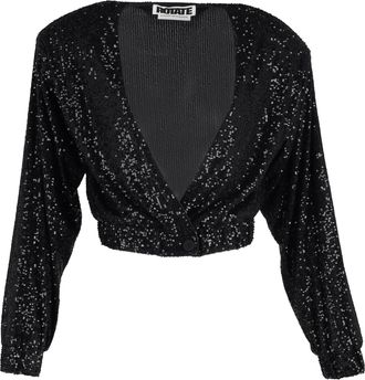 Rotate Deep V-Neck Sequin-Detailed Jacket in Black Polyester