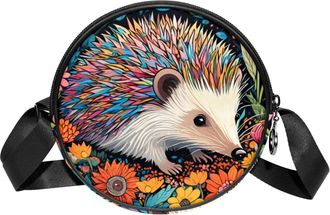 Generic Circle Crossbody Bag for Women, Color Drawing Hedgehog Small Sling Bag Daypack with Zipper Adjustable Shoulder Straps Casual Ladies Girls Round Purse