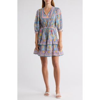 Alicia Bell Kate Tiered Cotton & Silk Cover-Up Minidress in Blue Yellow Print at Nordstrom Rack, Size Large