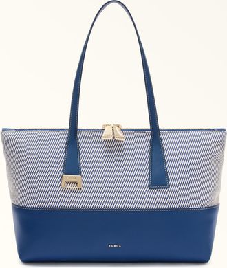 Furla Olivia Borsa Shopping M Toni Indigo Tessuto Canvas + Pelle Di Vitello Sidney Donna