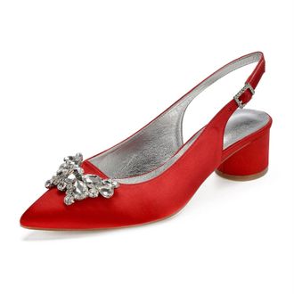 Generic Womens Pumps Pointed Toe Bridal Chunky Heel Slingback Heels Wedding Prom Party Dress Low Heels 4.5Cm,red,7 UK
