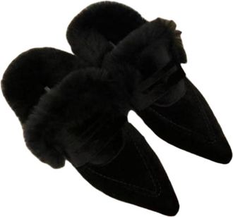 Generic JCVBN Fur Women Flats Cotton Boots Pointed Toe Suede Warm Shoes Designer Snow Boots Short Plush Walking Sexy Lady Shoes Black