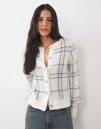 Abercrombie & Fitch cardigan lavorato a maglia con girocollo a quadri bianco e blu-Neutro
