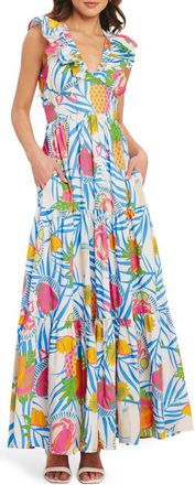 Flying Tomato Tropical Print Sleeveless Cotton Maxi Dress in Off White Multi at Nordstrom Rack, Size Medium