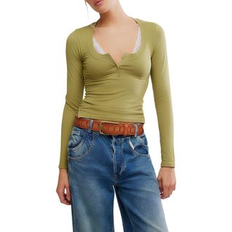 Free People Wide Awake Jersey Henley in Mosstone at Nordstrom Rack, Size X-Small/small