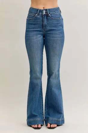 Judy Blue High Waist Flare Tummy Control Double Button Jeans In Medium Stone